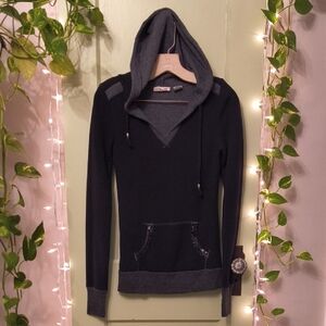 Women's Miss Me Leather Cross Sequin Black Gray Hooded Sweater S